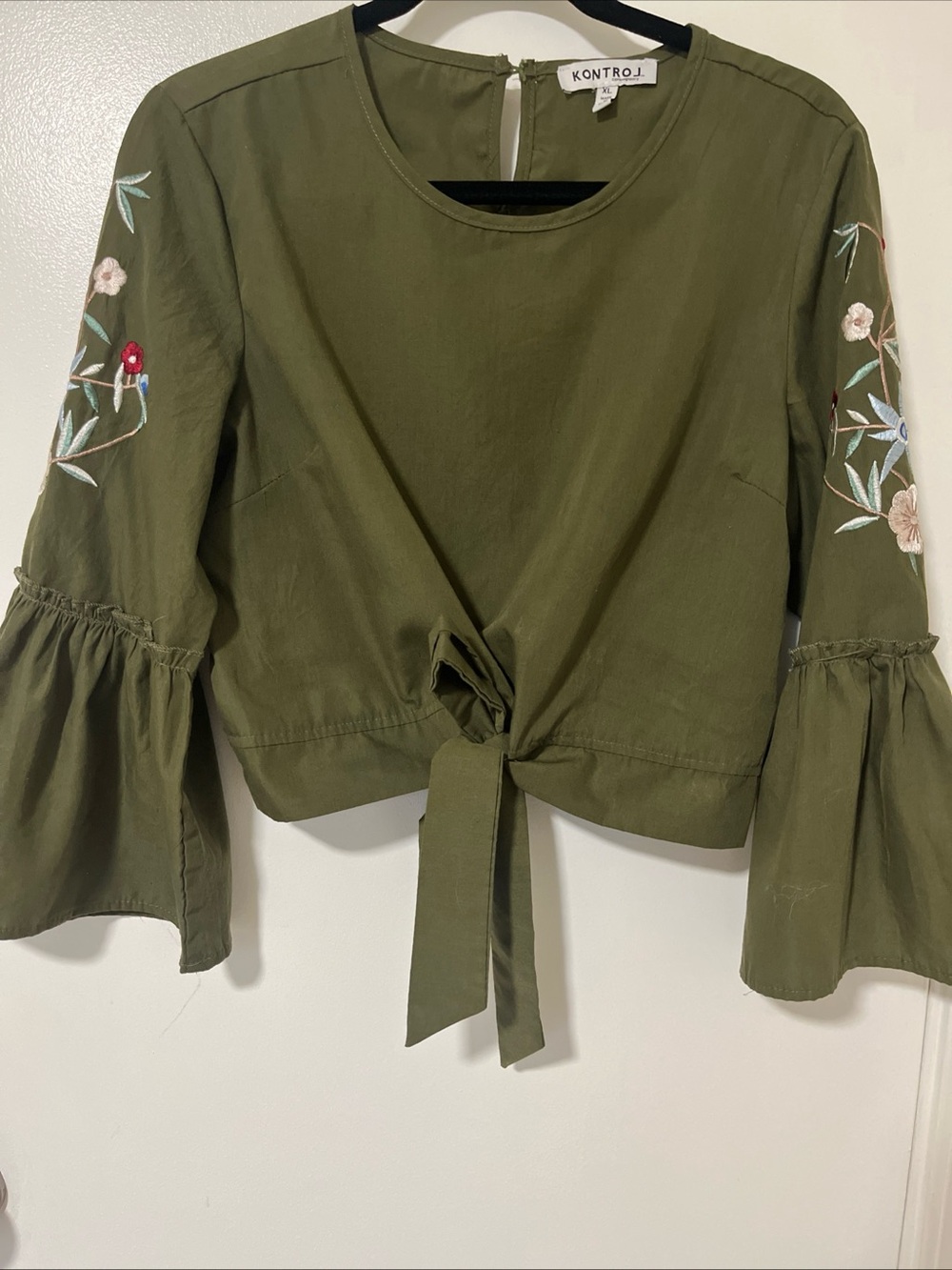 Kontrol J Olive Green Tie-Front Embroidered Bell Sleeve Top XL